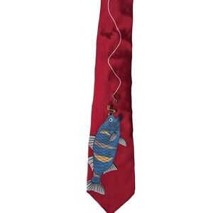 Vicky Davis Tie Fishing with Metal Worm Getting Hooked Necktie Red Silk Novelty